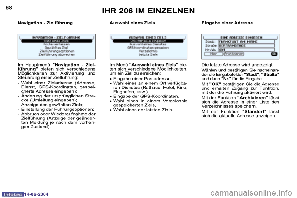 PEUGEOT 206 2004  Betriebsanleitungen (in German) �6�8
�1�4�-�0�6�-�2�0�0�4
�6�9
�1�4�-�0�6�-�2�0�0�4
�N�a�v�i�g�a�t�i�o�n� �-� �Z�i�e�l�f�ü�h�r�u�n�g �A�u�s�w�a�h�l� �e�i�n�e�s� �Z�i�e�l�s �E�i�n�g�a�b�e� �e�i�n�e�r� �A�d�r�e�s�s�e
�I�m�  �H�a�u�p�