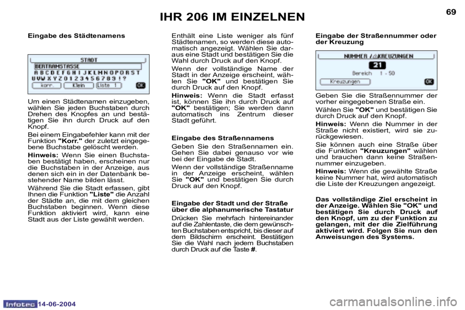 PEUGEOT 206 2004  Betriebsanleitungen (in German) �6�8
�1�4�-�0�6�-�2�0�0�4
�6�9
�1�4�-�0�6�-�2�0�0�4
�E�i�n�g�a�b�e� �d�e�s� �S�t�ä�d�t�e�n�a�m�e�n�s 
�U�m�  �e�i�n�e�n�  �S�t�ä�d�t�e�n�a�m�e�n�  �e�i�n�z�u�g�e�b�e�n�,�  
�w�ä�h�l�e�n�  �S�i�e�  