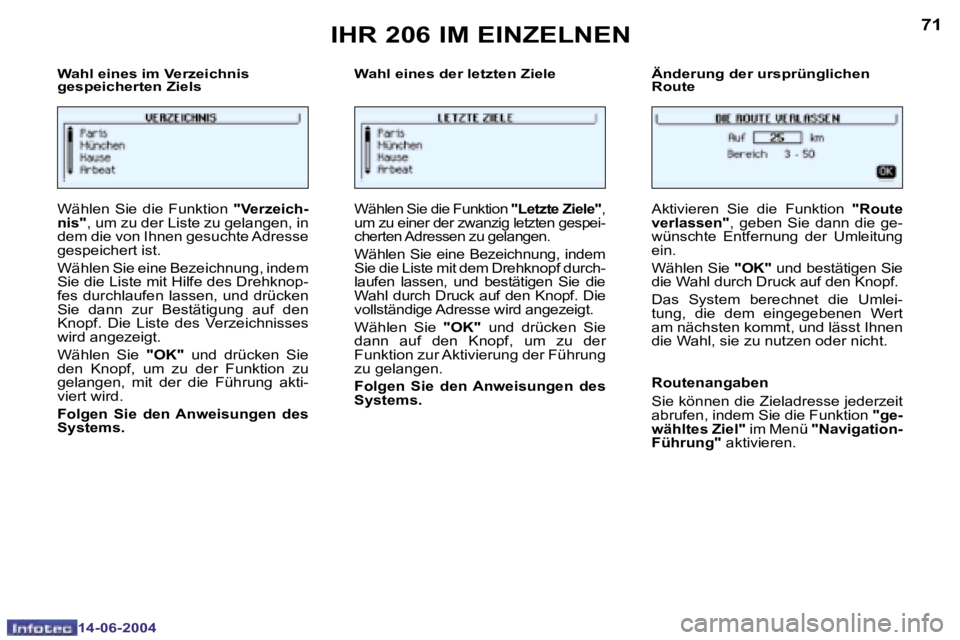 PEUGEOT 206 2004  Betriebsanleitungen (in German) �7�0
�1�4�-�0�6�-�2�0�0�4
�7�1
�1�4�-�0�6�-�2�0�0�4
�W�a�h�l� �e�i�n�e�s� �i�m� �V�e�r�z�e�i�c�h�n�i�s 
�g�e�s�p�e�i�c�h�e�r�t�e�n� �Z�i�e�l�s�W�a�h�l� �e�i�n�e�s� �d�e�r� �l�e�t�z�t�e�n� �Z�i�e�l�e �