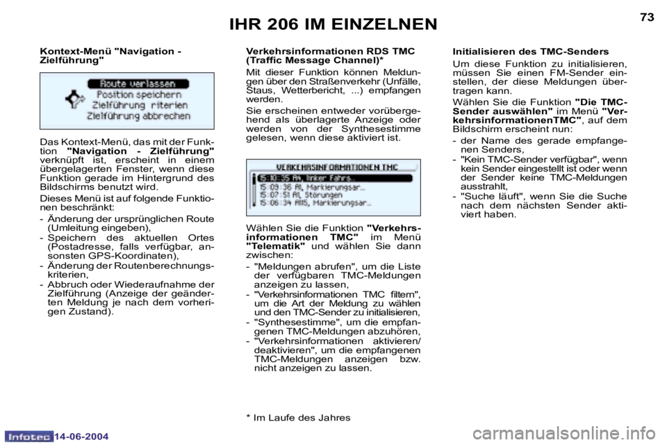 PEUGEOT 206 2004  Betriebsanleitungen (in German) �7�2
�1�4�-�0�6�-�2�0�0�4
�7�3
�1�4�-�0�6�-�2�0�0�4
�K�o�n�t�e�x�t�-�M�e�n�ü� �"�N�a�v�i�g�a�t�i�o�n� �- 
�Z�i�e�l�f�ü�h�r�u�n�g�" 
�D�a�s� �K�o�n�t�e�x�t�-�M�e�n�ü�,� �d�a�s� �m�i�t� �d�e�