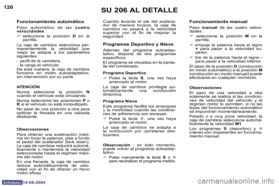 PEUGEOT 206 2004  Manual del propietario (in Spanish) �1�2�0
�1�4�-�0�6�-�2�0�0�4
�1�2�1
�1�4�-�0�6�-�2�0�0�4
�F�u�n�c�i�o�n�a�m�i�e�n�t�o� �a�u�t�o�m�á�t�i�c�o
�P�a�s�o�  �a�u�t�o�m�á�t�i�c�o�  �d�e�  �l�a�s�  �c�u�a�t�r�o� 
�v�e�l�o�c�i�d�a�d�e�s�  �