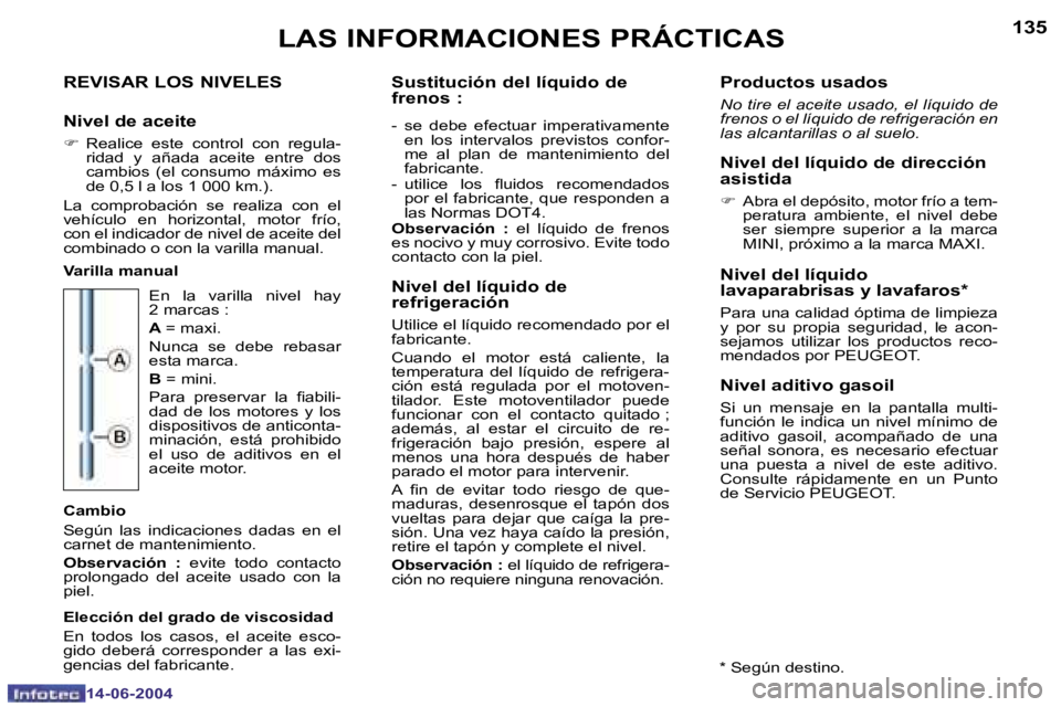 PEUGEOT 206 2004  Manual del propietario (in Spanish) �1�3�4
�1�4�-�0�6�-�2�0�0�4
�1�3�5
�1�4�-�0�6�-�2�0�0�4
�L�A�S� �I�N�F�O�R�M�A�C�I�O�N�E�S� �P�R�Á�C�T�I�C�A�S
�R�E�V�I�S�A�R� �L�O�S� �N�I�V�E�L�E�S
�N�i�v�e�l� �d�e� �a�c�e�i�t�e
�F �  �R�e�a�l�i�c