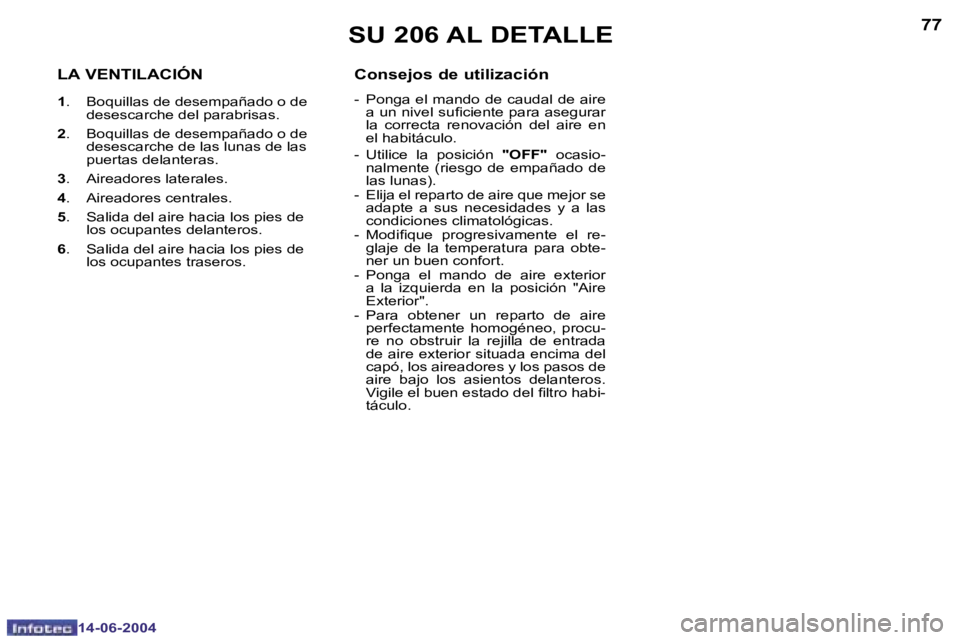 PEUGEOT 206 2004  Manual del propietario (in Spanish) �7�6
�1�4�-�0�6�-�2�0�0�4
�7�7
�1�4�-�0�6�-�2�0�0�4
�S�U� �2�0�6� �A�L� �D�E�T�A�L�L�E
�L�A� �V�E�N�T�I�L�A�C�I�Ó�N
�1 �.�  �B�o�q�u�i�l�l�a�s� �d�e� �d�e�s�e�m�p�a�ñ�a�d�o� �o� �d�e� 
�d�e�s�e�s�c�