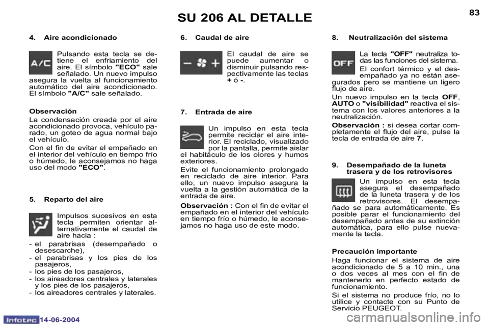 PEUGEOT 206 2004  Manual del propietario (in Spanish) �8�2
�1�4�-�0�6�-�2�0�0�4
�8�3
�1�4�-�0�6�-�2�0�0�4
�4�.� �  �A�i�r�e� �a�c�o�n�d�i�c�i�o�n�a�d�o� �P�u�l�s�a�n�d�o�  �e�s�t�a�  �t�e�c�l�a�  �s�e�  �d�e�- 
�t�i�e�n�e�  �e�l�  �e�n�f�r�i�a�m�i�e�n�t�