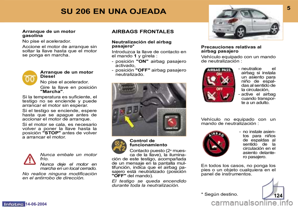 PEUGEOT 206 2004  Manual del propietario (in Spanish) �1�2�4
�4
�1�4�-�0�6�-�2�0�0�4
�5
�1�4�-�0�6�-�2�0�0�4
�S�U� �2�0�6� �E�N� �U�N�A� �O�J�E�A�D�A
�P�r�e�c�a�u�c�i�o�n�e�s� �r�e�l�a�t�i�v�a�s� �a�l�  
�a�i�r�b�a�g� �p�a�s�a�j�e�r�o 
�V�e�h�í�c�u�l�o�