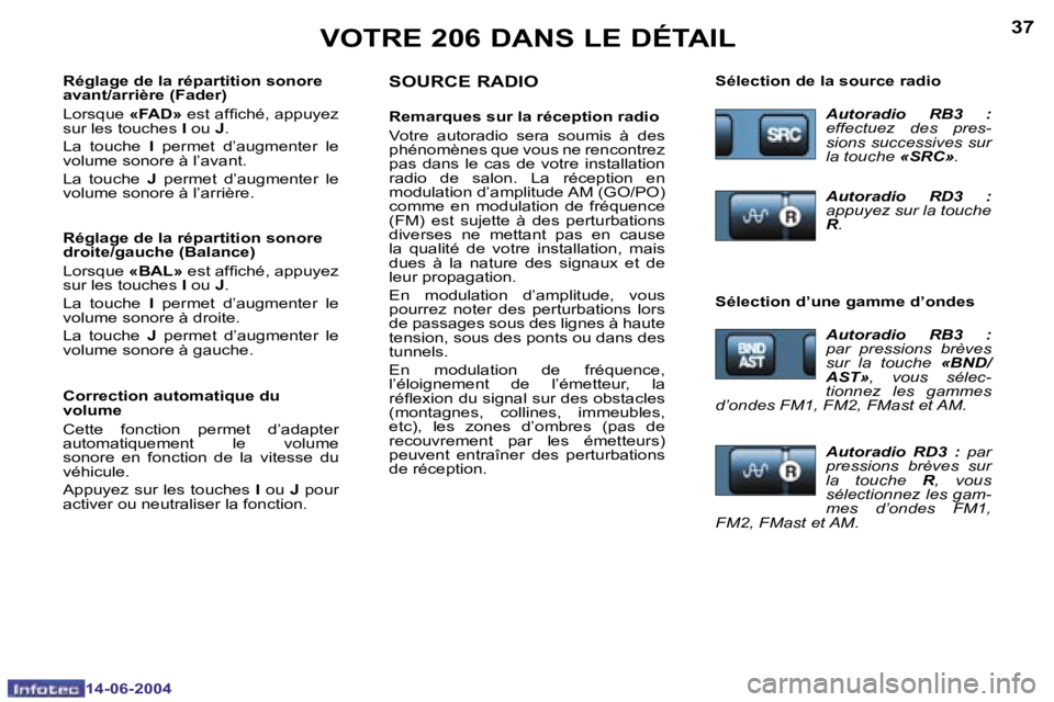 PEUGEOT 206 2004  Manuel du propriétaire (in French) �3�6
�1�4�-�0�6�-�2�0�0�4
�3�7
�1�4�-�0�6�-�2�0�0�4
�V�O�T�R�E� �2�0�6� �D�A�N�S� �L�E� �D�É�T�A�I�L�S�O�U�R�C�E� �R�A�D�I�O
�R�e�m�a�r�q�u�e�s� �s�u�r� �l�a� �r�é�c�e�p�t�i�o�n� �r�a�d�i�o 
�V�o�t�