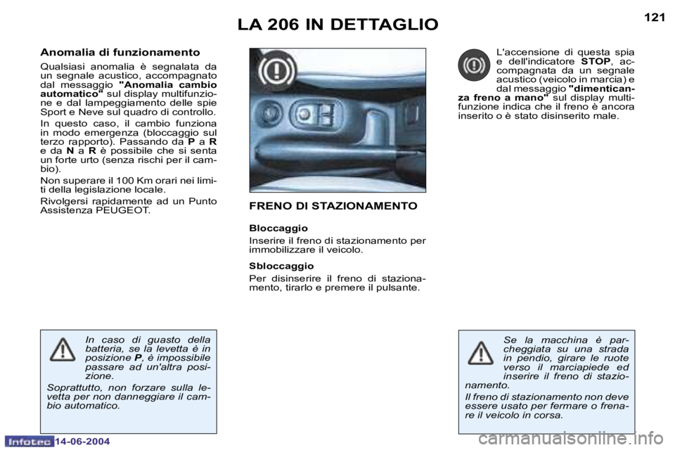 PEUGEOT 206 2004  Manuale duso (in Italian) �1�2�0
�1�4�-�0�6�-�2�0�0�4
�1�2�1
�1�4�-�0�6�-�2�0�0�4
�L�A� �2�0�6� �I�N� �D�E�T�T�A�G�L�I�O�F�R�E�N�O� �D�I� �S�T�A�Z�I�O�N�A�M�E�N�T�O
�B�l�o�c�c�a�g�g�i�o 
�I�n�s�e�r�i�r�e� �i�l� �f�r�e�n�o� �d�