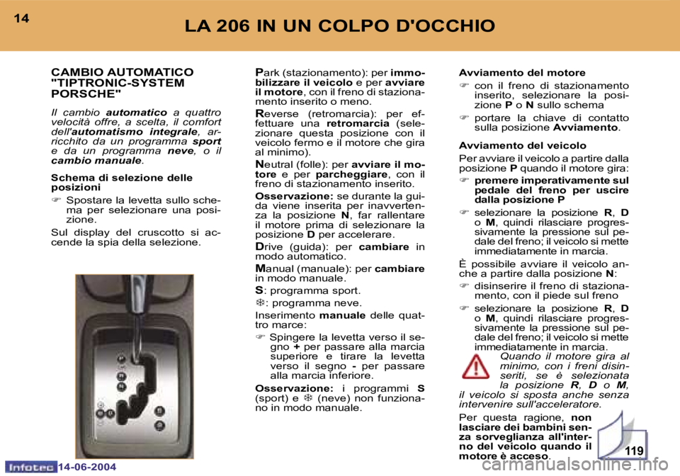 PEUGEOT 206 2004  Manuale duso (in Italian) �1�1�9
�1�4
�1�4�-�0�6�-�2�0�0�4
�1�5
�1�4�-�0�6�-�2�0�0�4
�L�A� �2�0�6� �I�N� �U�N� �C�O�L�P�O� �D�'�O�C�C�H�I�O
�C�A�M�B�I�O� �A�U�T�O�M�A�T�I�C�O� 
�"�T�I�P�T�R�O�N�I�C�-�S�Y�S�T�E�M�  
�P�
