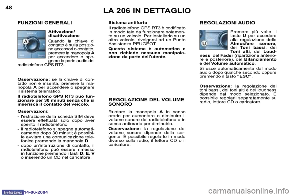 PEUGEOT 206 2004  Manuale duso (in Italian) �4�8
�1�4�-�0�6�-�2�0�0�4
�4�9
�1�4�-�0�6�-�2�0�0�4
�L�A� �2�0�6� �I�N� �D�E�T�T�A�G�L�I�O
�F�U�N�Z�I�O�N�I� �G�E�N�E�R�A�L�I
�S�i�s�t�e�m�a� �a�n�t�i�f�u�r�t�o�  
�I�l� �r�a�d�i�o�t�e�l�e�f�o�n�o� �G