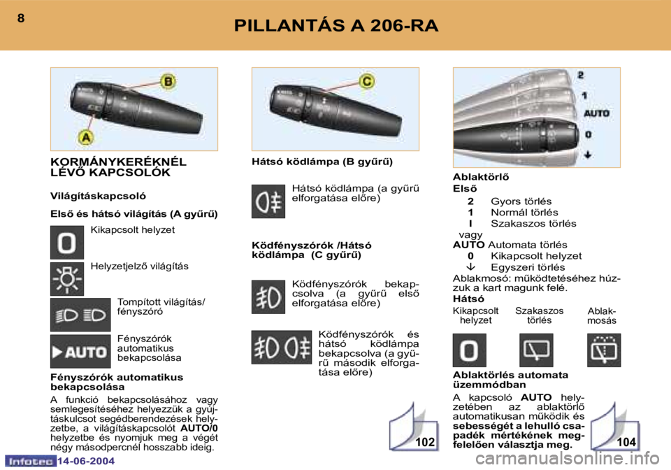 PEUGEOT 206 2004  Kezelési útmutató (in Hungarian) �1�0�2�1�0�4
�8
�1�4�-�0�6�-�2�0�0�4
�9
�1�4�-�0�6�-�2�0�0�4
�P�I�L�L�A�N�T�Á�S� �A� �2�0�6�-�R�A
�K�O�R�M�Á�N�Y�K�E�R�É�K�N�É�L�  
�L�É�V4� �K�A�P�C�S�O�L�Ó�K
�V�i�l�á�g�í�t�á�s�k�a�p�c�s�o