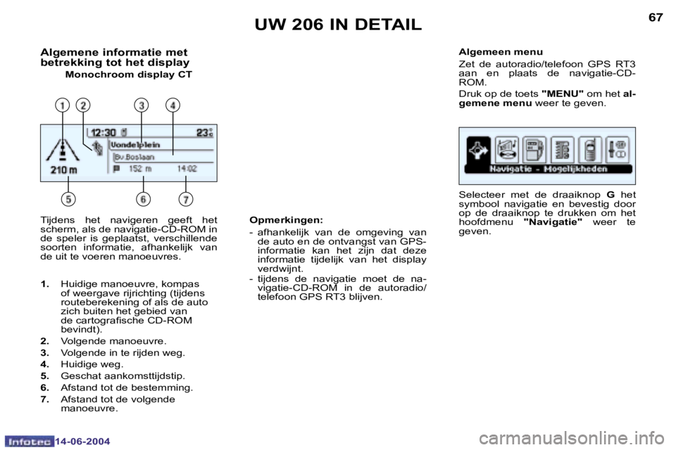 PEUGEOT 206 2004  Instructieboekje (in Dutch) �6�6
�1�4�-�0�6�-�2�0�0�4
�6�7
�1�4�-�0�6�-�2�0�0�4
�A�l�g�e�m�e�n�e� �i�n�f�o�r�m�a�t�i�e� �m�e�t�  
�b�e�t�r�e�k�k�i�n�g� �t�o�t� �h�e�t� �d�i�s�p�l�a�y
�M�o�n�o�c�h�r�o�o�m� �d�i�s�p�l�a�y� �C�T�A�