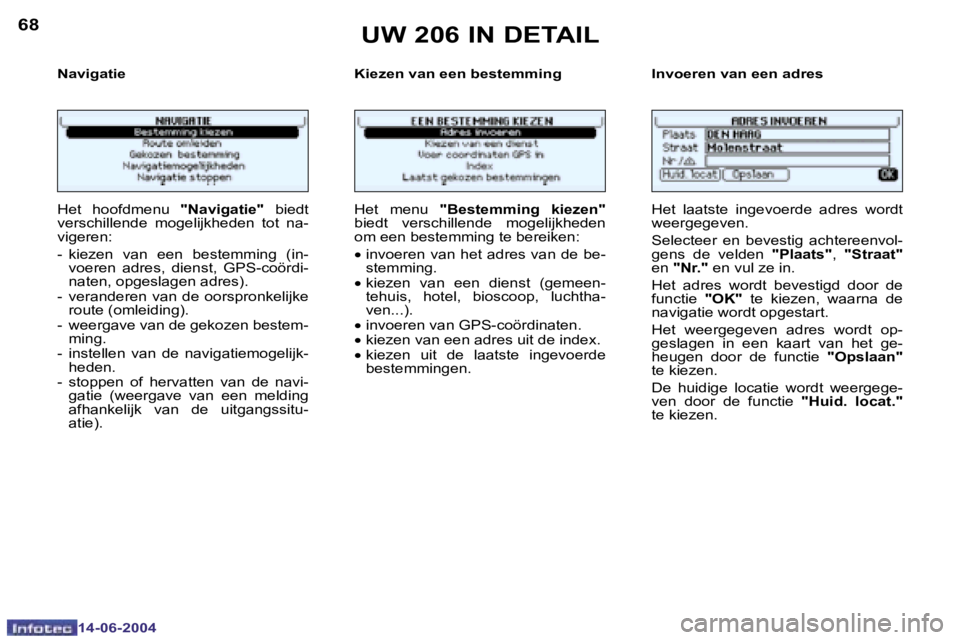 PEUGEOT 206 2004  Instructieboekje (in Dutch) �6�8
�1�4�-�0�6�-�2�0�0�4
�6�9
�1�4�-�0�6�-�2�0�0�4
�N�a�v�i�g�a�t�i�e �K�i�e�z�e�n� �v�a�n� �e�e�n� �b�e�s�t�e�m�m�i�n�g�  �I�n�v�o�e�r�e�n� �v�a�n� �e�e�n� �a�d�r�e�s
�H�e�t�  �h�o�o�f�d�m�e�n�u� �&