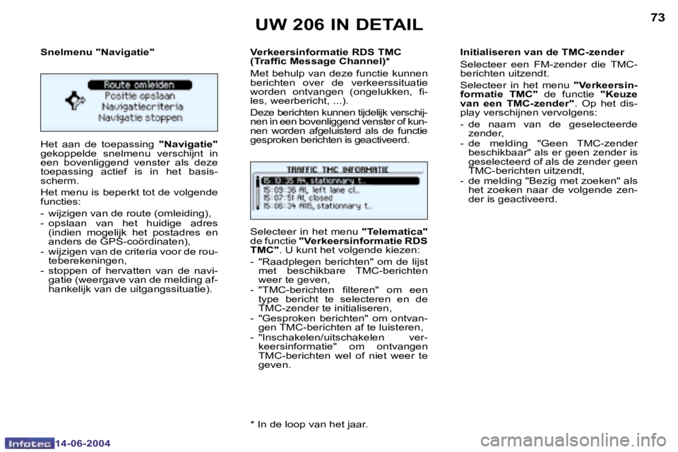 PEUGEOT 206 2004  Instructieboekje (in Dutch) �7�2
�1�4�-�0�6�-�2�0�0�4
�7�3
�1�4�-�0�6�-�2�0�0�4
�S�n�e�l�m�e�n�u� �"�N�a�v�i�g�a�t�i�e�" 
�H�e�t�  �a�a�n�  �d�e�  �t�o�e�p�a�s�s�i�n�g� �"�N�a�v�i�g�a�t�i�e�"� 
�g�e�k�o�p�p�e�l�d