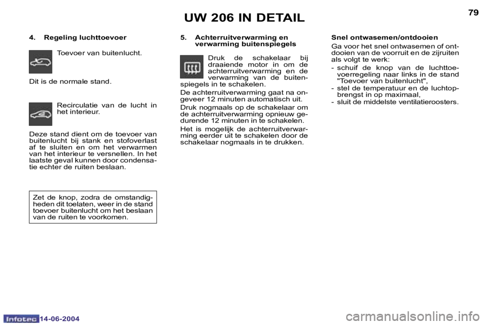 PEUGEOT 206 2004  Instructieboekje (in Dutch) �7�8
�1�4�-�0�6�-�2�0�0�4
�7�9
�1�4�-�0�6�-�2�0�0�4
�U�W� �2�0�6� �I�N� �D�E�T�A�I�L
�5�.�  �A�c�h�t�e�r�r�u�i�t�v�e�r�w�a�r�m�i�n�g� �e�n� �v�e�r�w�a�r�m�i�n�g� �b�u�i�t�e�n�s�p�i�e�g�e�l�s
�D�r�u�k�