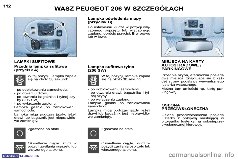 PEUGEOT 206 2004  Instrukcja obsługi (in Polish) �1�1�2
�1�4�-�0�6�-�2�0�0�4
�1�1�3
�1�4�-�0�6�-�2�0�0�4
�W�A�S�Z� �P�E�U�G�E�O�T� �2�0�6� �W� �S�Z�C�Z�E�G�Ó�Ł�A�C�H
�L�A�M�P�K�I� �S�U�F�I�T�O�W�E
�P�r�z�e�d�n�i�a� �l�a�m�p�k�a� �s�u�i�t�o�w�a�  
