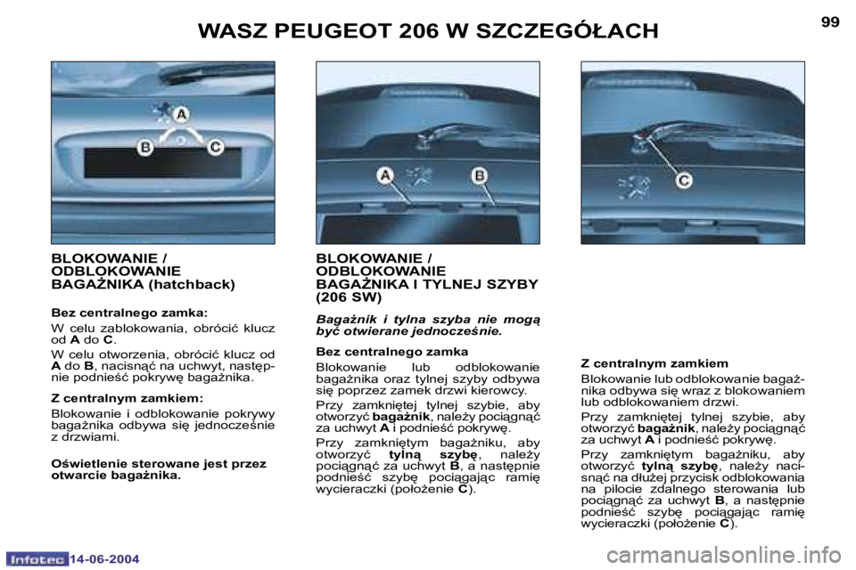 PEUGEOT 206 2004  Instrukcja obsługi (in Polish) �9�8
�1�4�-�0�6�-�2�0�0�4
�9�9
�1�4�-�0�6�-�2�0�0�4
�W�A�S�Z� �P�E�U�G�E�O�T� �2�0�6� �W� �S�Z�C�Z�E�G�Ó�Ł�A�C�H
�B�L�O�K�O�W�A�N�I�E� �/�  
�O�D�B�L�O�K�O�W�A�N�I�E� 
�B�A�G�AF�N�I�K�A� �(�h�a�t�c