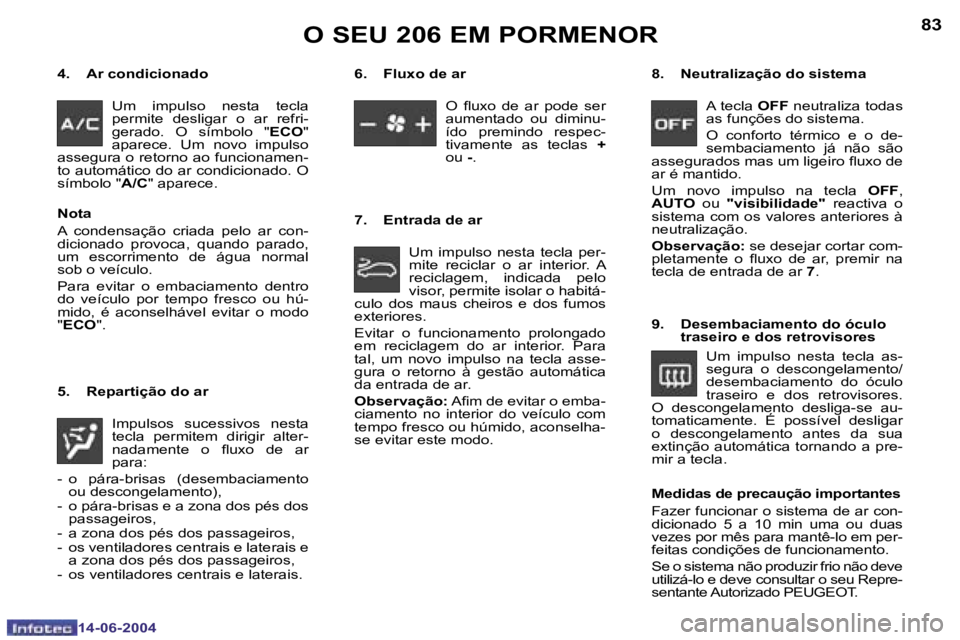 PEUGEOT 206 2004  Manual de utilização (in Portuguese) �8�2
�1�4�-�0�6�-�2�0�0�4
�8�3
�1�4�-�0�6�-�2�0�0�4
�4�.�  �A�r� �c�o�n�d�i�c�i�o�n�a�d�o�U�m�  �i�m�p�u�l�s�o�  �n�e�s�t�a�  �t�e�c�l�a�  
�p�e�r�m�i�t�e�  �d�e�s�l�i�g�a�r�  �o�  �a�r�  �r�e�f�r�i�-
