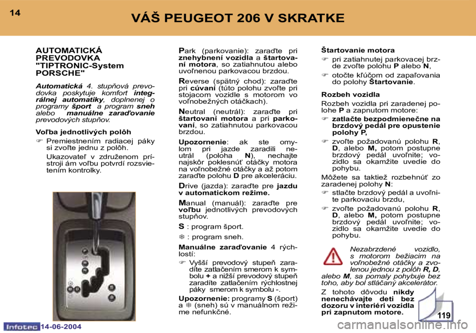 PEUGEOT 206 2004  Návod na použitie (in Slovakian) �1�1�9
�1�4
�1�4�-�0�6�-�2�0�0�4
�1�5
�1�4�-�0�6�-�2�0�0�4
�V�Á�Š� �P�E�U�G�E�O�T� �2�0�6� �V� �S�K�R�A�T�K�E
�A�U�T�O�M�A�T�I�C�K�Á�  
�P�R�E�V�O�D�O�V�K�A� 
�"�T�I�P�T�R�O�N�I�C�-�S�y�s�t�e�m