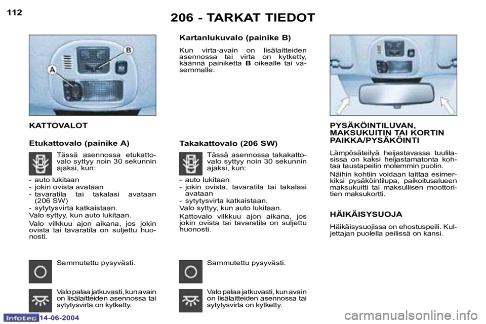 PEUGEOT 206 2004  Omistajan Käsikirja (in Finnish) �1�1�2
�1�4�-�0�6�-�2�0�0�4
�1�1�3
�1�4�-�0�6�-�2�0�0�4
�2�0�6� �-� �T�A�R�K�A�T� �T�I�E�D�O�T
�K�A�T�T�O�V�A�L�O�T 
�E�t�u�k�a�t�t�o�v�a�l�o� �(�p�a�i�n�i�k�e� �A�) �K�a�r�t�a�n�l�u�k�u�v�a�l�o� �(�p