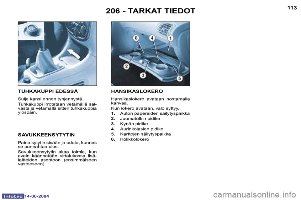 PEUGEOT 206 2004  Omistajan Käsikirja (in Finnish) �1�1�2
�1�4�-�0�6�-�2�0�0�4
�1�1�3
�1�4�-�0�6�-�2�0�0�4
�2�0�6� �-� �T�A�R�K�A�T� �T�I�E�D�O�T�H�A�N�S�I�K�A�S�L�O�K�E�R�O
�H�a�n�s�i�k�a�s�l�o�k�e�r�o�  �a�v�a�t�a�a�n�  �n�o�s�t�a�m�a�l�l�a�  
�k�a�