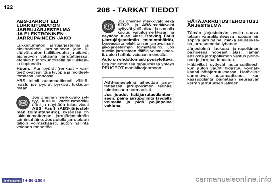 PEUGEOT 206 2004  Omistajan Käsikirja (in Finnish) �1�2�2
�1�4�-�0�6�-�2�0�0�4
�1�2�3
�1�4�-�0�6�-�2�0�0�4
�A�B�S�-�J�A�R�R�U�T� �E�L�I�  
�L�U�K�K�I�U�T�U�M�A�T�O�N� 
�J�A�R�R�U�J�Ä�R�J�E�S�T�E�L�M�Ä� 
�J�A� �E�L�E�K�T�R�O�N�I�N�E�N� 
�J�A�R�R�U�P�