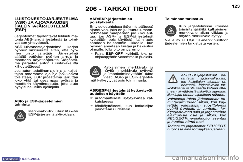 PEUGEOT 206 2004  Omistajan Käsikirja (in Finnish) �1�2�2
�1�4�-�0�6�-�2�0�0�4
�1�2�3
�1�4�-�0�6�-�2�0�0�4
�2�0�6� �-� �T�A�R�K�A�T� �T�I�E�D�O�T
�L�U�I�S�T�O�N�E�S�T�O�J�Ä�R�J�E�S�T�E�L�M�Ä�  
�(�A�S�R�)� �J�A� �A�J�O�V�A�K�A�U�D�E�N� 
�H�A�L�L�I�N