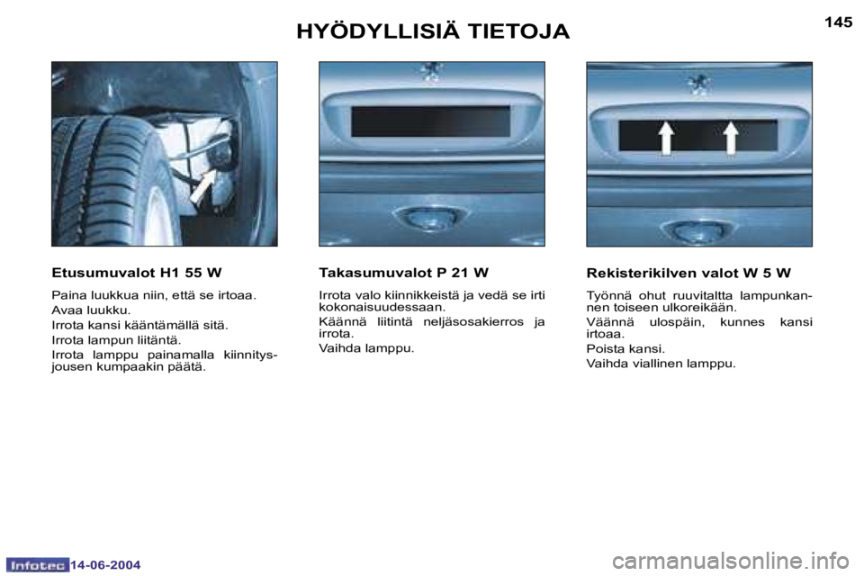 PEUGEOT 206 2004  Omistajan Käsikirja (in Finnish) �1�4�4
�1�4�-�0�6�-�2�0�0�4
�1�4�5
�1�4�-�0�6�-�2�0�0�4
�H�Y�Ö�D�Y�L�L�I�S�I�Ä� �T�I�E�T�O�J�A
�E�t�u�s�u�m�u�v�a�l�o�t� �H�1� �5�5� �W
�P�a�i�n�a� �l�u�u�k�k�u�a� �n�i�i�n�,� �e�t�t�ä� �s�e� �i�r�