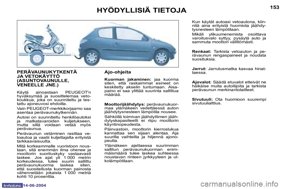 PEUGEOT 206 2004  Omistajan Käsikirja (in Finnish) �1�5�2
�1�4�-�0�6�-�2�0�0�4
�1�5�3
�1�4�-�0�6�-�2�0�0�4
�H�Y�Ö�D�Y�L�L�I�S�I�Ä� �T�I�E�T�O�J�A
�P�E�R�Ä�V�A�U�N�U�K�Y�T�K�E�N�T�Ä�  
�J�A� �V�E�T�O�K�Ä�Y�T�T�Ö� 
�(�A�S�U�N�T�O�V�A�U�N�U�L�L�E�,
