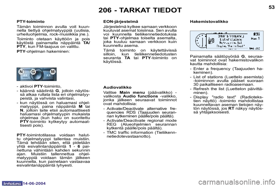 PEUGEOT 206 2004  Omistajan Käsikirja (in Finnish) �5�2
�1�4�-�0�6�-�2�0�0�4
�5�3
�1�4�-�0�6�-�2�0�0�4
�2�0�6� �-� �T�A�R�K�A�T� �T�I�E�D�O�T
�P�T�Y�-�t�o�i�m�i�n�t�o 
�T�ä�m�ä�n�  �t�o�i�m�i�n�n�o�n�  �a�v�u�l�l�a�  �v�o�i�t�  �k�u�u�n�- 
�n�e�l�l�