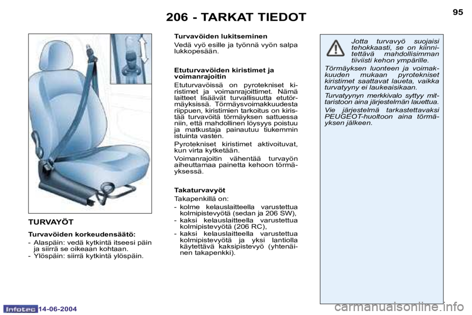 PEUGEOT 206 2004  Omistajan Käsikirja (in Finnish) �9�4
�1�4�-�0�6�-�2�0�0�4
�9�5
�1�4�-�0�6�-�2�0�0�4
�2�0�6� �-� �T�A�R�K�A�T� �T�I�E�D�O�T
�T�U�R�V�A�Y�Ö�T
�T�u�r�v�a�v�ö�i�d�e�n� �k�o�r�k�e�u�d�e�n�s�ä�ä�t�ö�: 
�-�  �A�l�a�s�p�ä�i�n�:� �v�e�