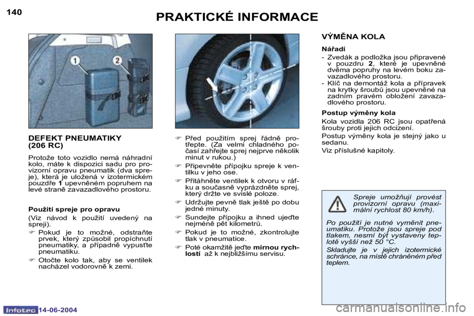 PEUGEOT 206 2004  Návod na použití (in Czech) �1�4�0
�1�4�-�0�6�-�2�0�0�4
�1�4�1
�1�4�-�0�6�-�2�0�0�4
�P�R�A�K�T�I�C�K�É� �I�N�F�O�R�M�A�C�E
�D�E�F�E�K�T� �P�N�E�U�M�A�T�I�K�Y�  
�(�2�0�6� �R�C�)
�P�r�o�t�o�ž�e�  �t�o�t�o�  �v�o�z�i�d�l�o�  �n�