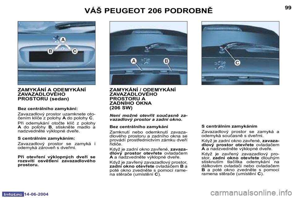 PEUGEOT 206 2004  Návod na použití (in Czech) �9�8
�1�4�-�0�6�-�2�0�0�4
�9�9
�1�4�-�0�6�-�2�0�0�4
�V�Á�Š� �P�E�U�G�E�O�T� �2�0�6� �P�O�D�R�O�B�N(
�Z�A�M�Y�K�Á�N�Í� �A� �O�D�E�M�Y�K�Á�N�Í�  
�Z�A�V�A�Z�A�D�L�O�V�É�H�O� 
�P�R�O�S�T�O�R�U� �