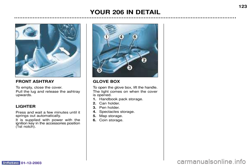 PEUGEOT 206 2003.5  Owners Manual 01-12-2003
YOUR 206 IN DETAIL123
FRONT ASHTRAY 

 





 

LIGHTER 

			
	 
		

 
3