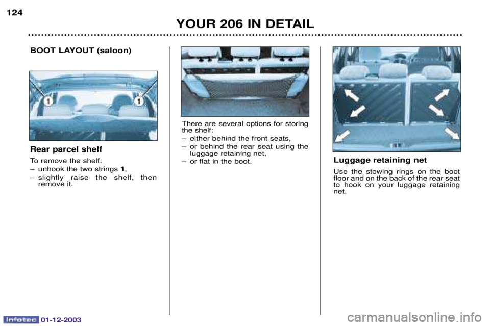 PEUGEOT 206 2003.5  Owners Manual 01-12-2003
YOUR 206 IN DETAIL
124
Luggage retaining net  
  	
 	
 
  
 




  
   	
	


BOOT LAYOUT (saloon