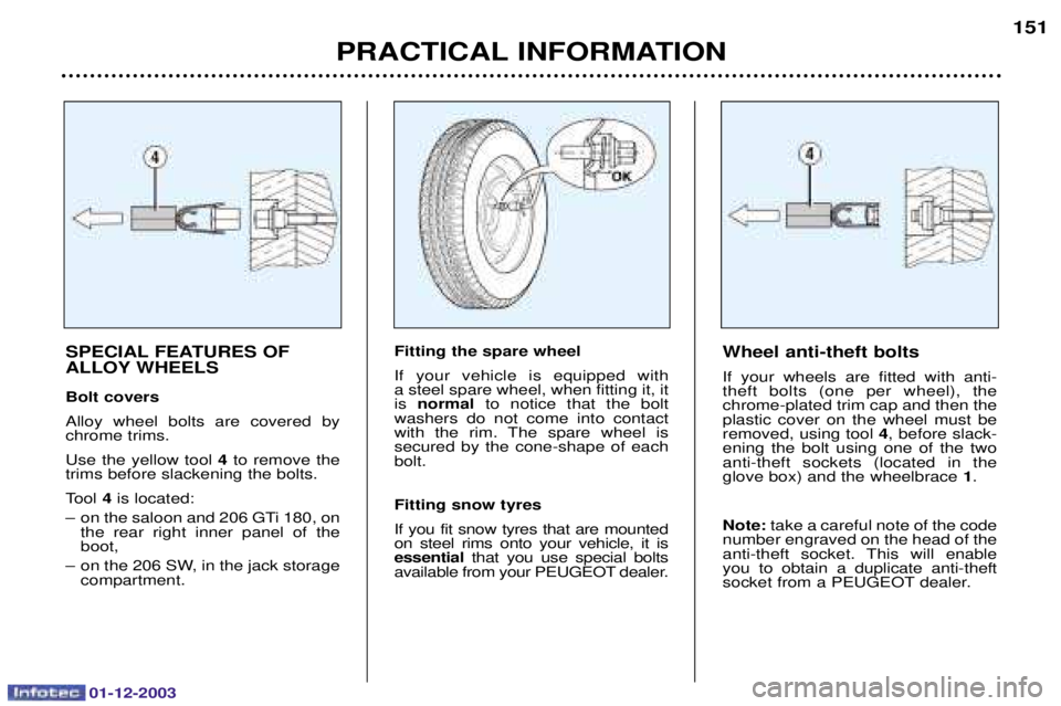PEUGEOT 206 2003.5  Owners Manual 01-12-2003
PRACTICAL INFORMATION151
SPECIAL FEATURES OF 
ALLOY WHEELS Bolt covers 
        
	 
5    4  
	 
	
