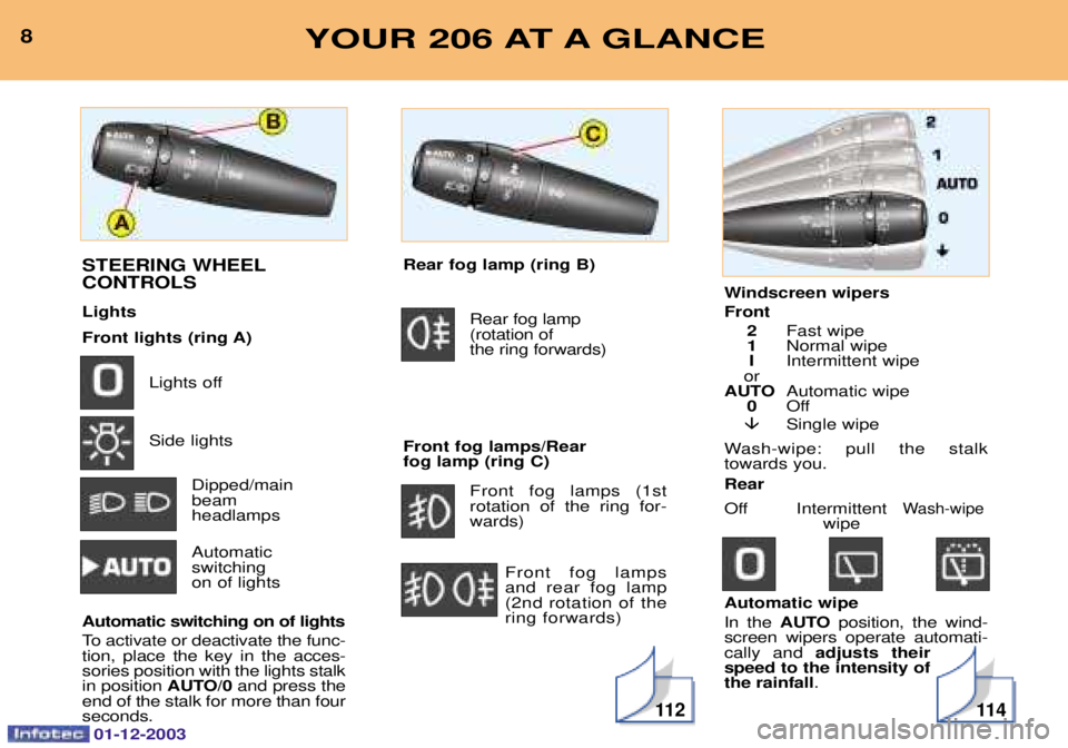 PEUGEOT 206 2003.5  Owners Manual 01-12-2003
Windscreen wipers Front2 :)"	
1 B
)"	
I 	
	)"	


AUTO (
)"	
0 @--
� 	)"	
&)"	 " &	  

)

 Rear 
@-- 	
	
&)"	)