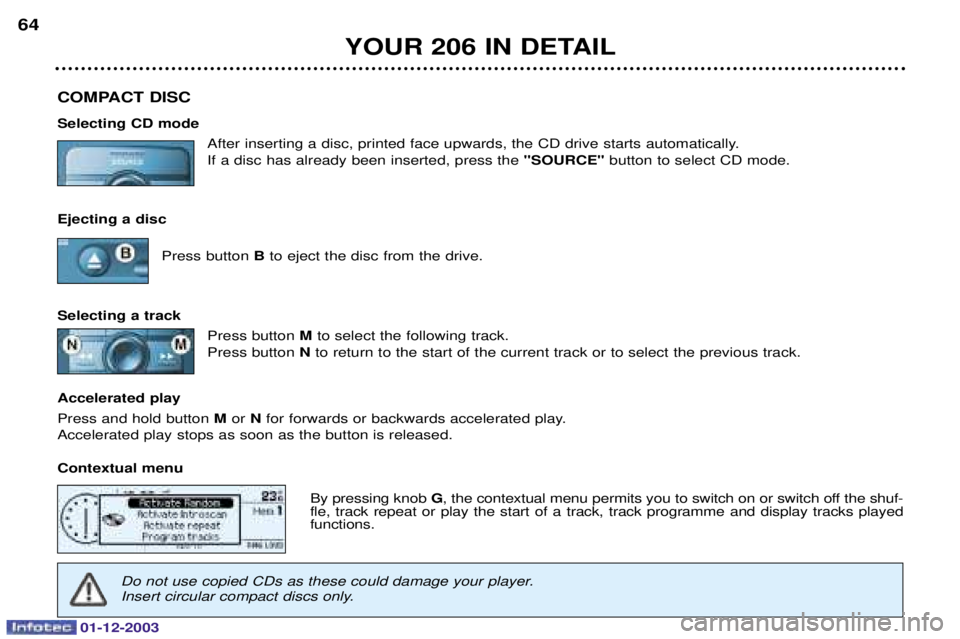 PEUGEOT 206 2003.5 Repair Manual 01-12-2003
YOUR 206 IN DETAIL
64
COMPACT DISC Selecting CD mode 	
	
	-	
-#		 

	
	
- "SOURC