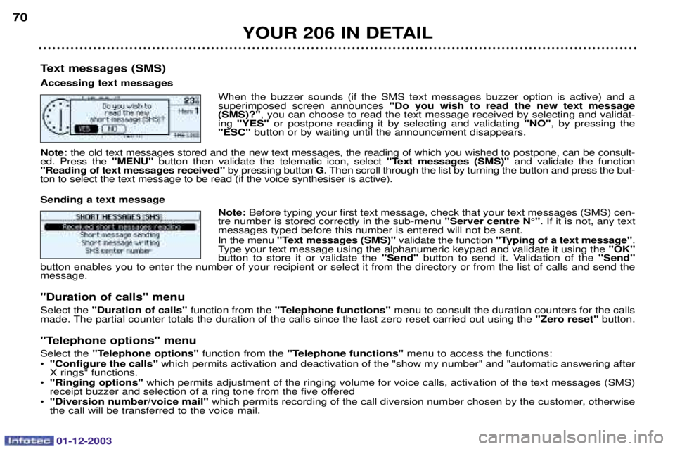 PEUGEOT 206 2003.5 Manual PDF 01-12-2003
YOUR 206 IN DETAIL
70
Text messages (SMS) Accessing text messages =
  AA 
 	  6 !  AA 	
 	 	 
  
	 
 


