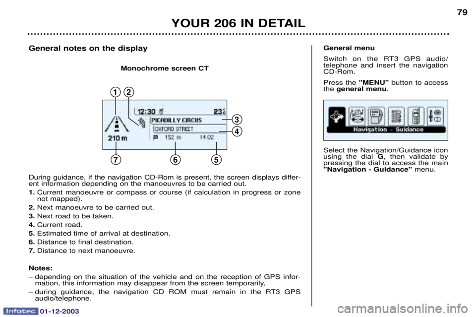 PEUGEOT 206 2003.5 Manual Online 01-12-2003
YOUR 206 IN DETAIL79
,

.		

#;	

 

 
 	 G 

 		
 

 
 	 
 	 
 	
"Navigation - Guidance" 

General menu 
,
