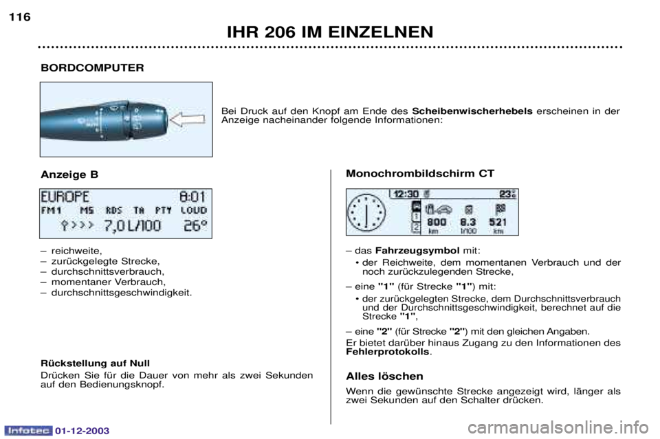 PEUGEOT 206 2003.5  Betriebsanleitungen (in German) 01-12-2003
IHR 206 IM EINZELNEN
116
BORDCOMPUTER * 	#   
$    Scheibenwischerhebels	  	
		<
Anzeige B 
= 	+