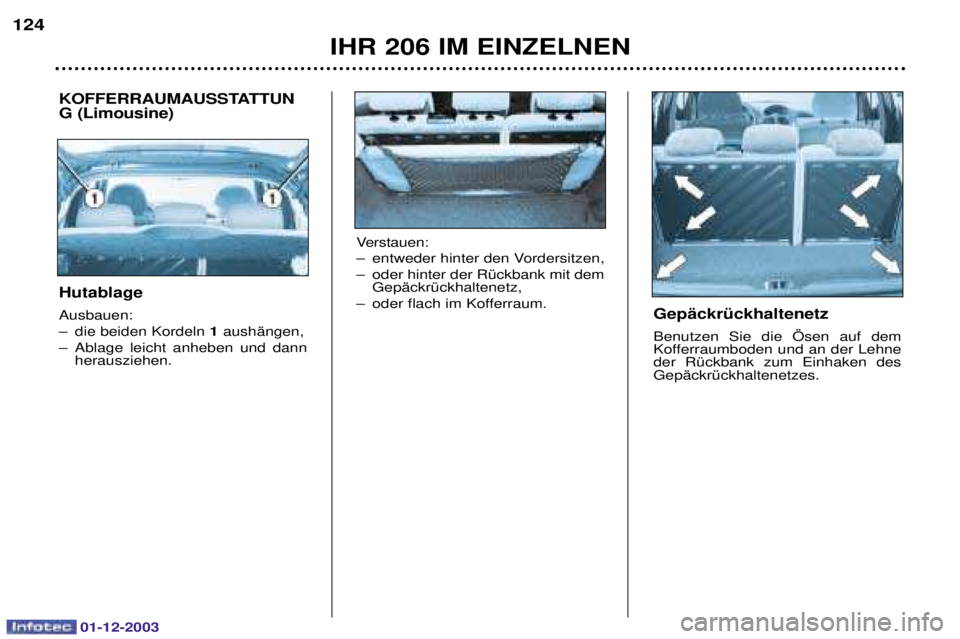 PEUGEOT 206 2003.5  Betriebsanleitungen (in German) 01-12-2003
IHR 206 IM EINZELNEN
124
GepŠckrŸckhaltenetz  
 	 
	  
 
 







 
  	
 


KOFFERRAUMAUSS