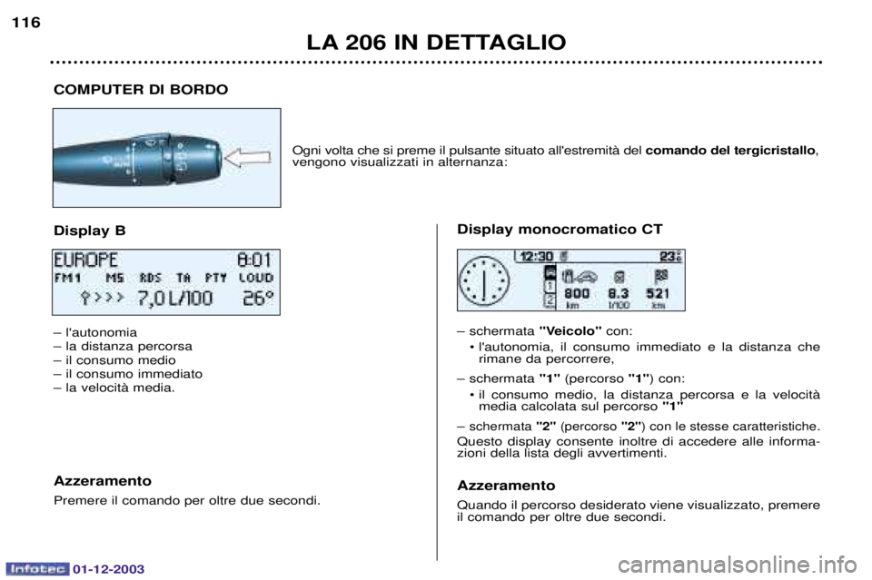 PEUGEOT 206 2003.5  Manuale duso (in Italian) 01-12-2003
LA 206 IN DETTAGLIO
116
COMPUTER DI BORDO "
	&


#
 comando del tergicristallo!
"




:
Display B
2 
