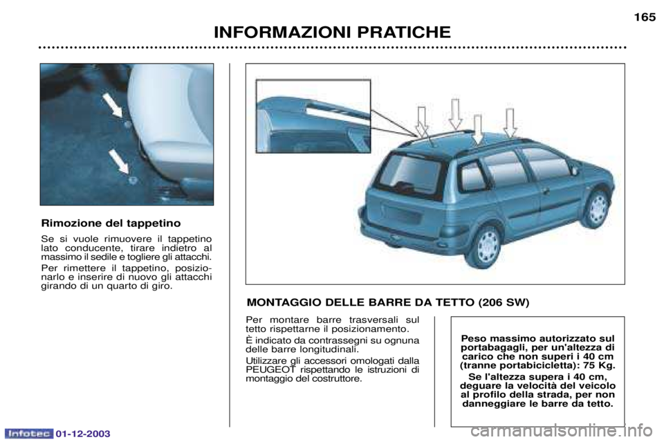 PEUGEOT 206 2003.5  Manuale duso (in Italian) 01-12-2003
INFORMAZIONI PRATICHE165
Rimozione del tappetino 
 
 	 	  
 
 

  
 



  
 