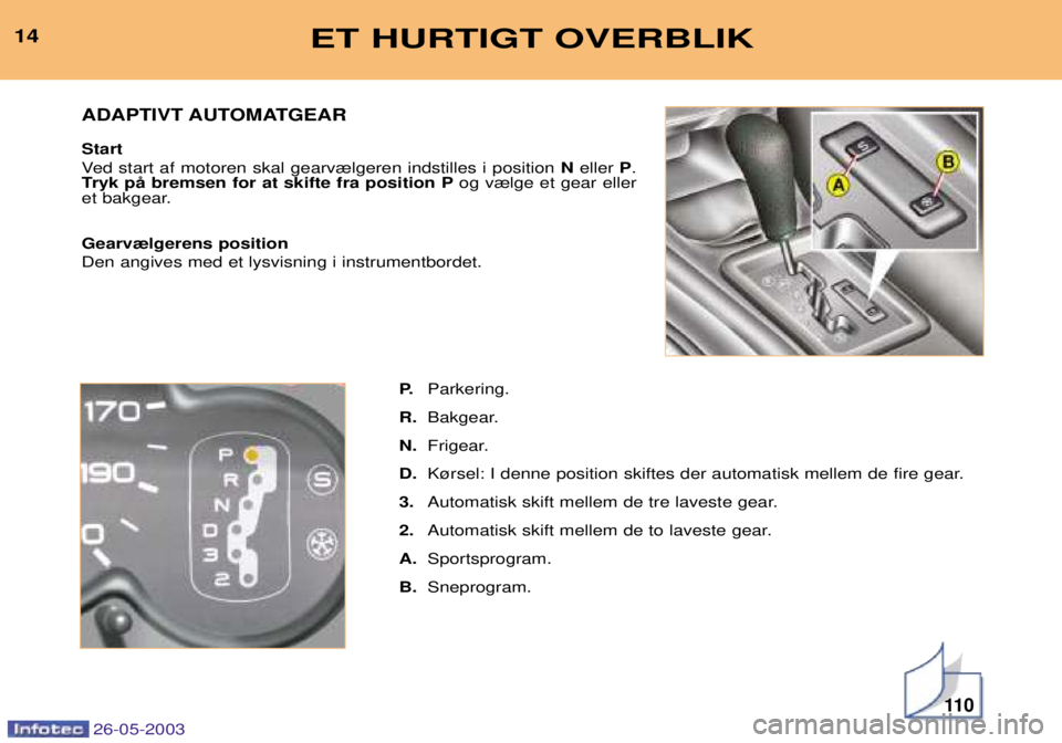 PEUGEOT 206 2003  Brugsanvisning (in Danish) 26-05-2003
11 0
ET HURTIGT OVERBLIK14P.Parkering.
R. Bakgear.
N. Frigear.
D. K¿rsel: I denne position skiftes der automatisk mellem de fire gear.
3. Automatisk skift mellem de tre laveste gear.
2. Au