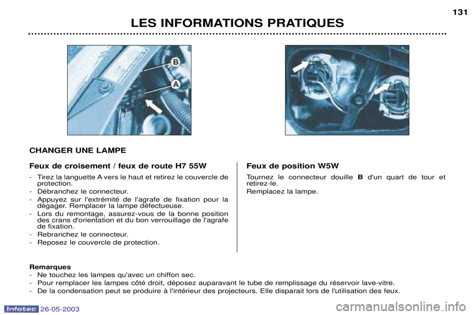 PEUGEOT 206 2003 Manuel du propriétaire (in French) 26-05-2003
LES INFORMATIONS PRATIQUES131
Feux de croisement / feux de route H7 55W
- Tirez la languette A vers le haut et retirez le couvercle de protection.
- DŽbranchez le connecteur.
- Appuyez s PEUGEOT 206 2003 Manuel du propriétaire (in French) 26-05-2003
LES INFORMATIONS PRATIQUES131
Feux de croisement / feux de route H7 55W
- Tirez la languette A vers le haut et retirez le couvercle de protection.
- DŽbranchez le connecteur.
- Appuyez s