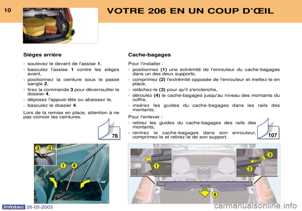 PEUGEOT 206 2003  Manuel du propriétaire (in French) Cache-bagages Pour linstaller : 
- positionnez (1)une extrŽmitŽ de lenrouleur du cache-bagages
dans un des deux supports,
- comprimez  (2)lextrŽmitŽ opposŽe de lenrouleur et mettez-le en
plac