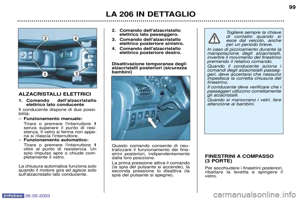 PEUGEOT 206 2003 Manuale duso (in Italian) 26-05-2003
LA 206 IN DETTAGLIO99
FINESTRINI A COMPASSO (3 PORTE) Per socchiudere i finestrini posteriori, ribaltare la levetta e spingere ilvetro.
ALZACRISTALLI ELETTRICI
1. Comando dellalzacristal PEUGEOT 206 2003 Manuale duso (in Italian) 26-05-2003
LA 206 IN DETTAGLIO99
FINESTRINI A COMPASSO (3 PORTE) Per socchiudere i finestrini posteriori, ribaltare la levetta e spingere ilvetro.
ALZACRISTALLI ELETTRICI
1. Comando dellalzacristal