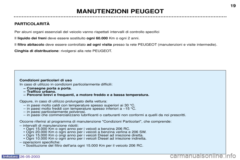 PEUGEOT 206 2003  Manuale duso (in Italian) 26-05-2003
PARTICOLARITË Per alcuni organi essenziali del veicolo vanno rispettati intervalli di controllo specifici Il liquido dei freni deve essere sostituito  ogni 60.000Km o ogni 2 anni.
Il  filt
