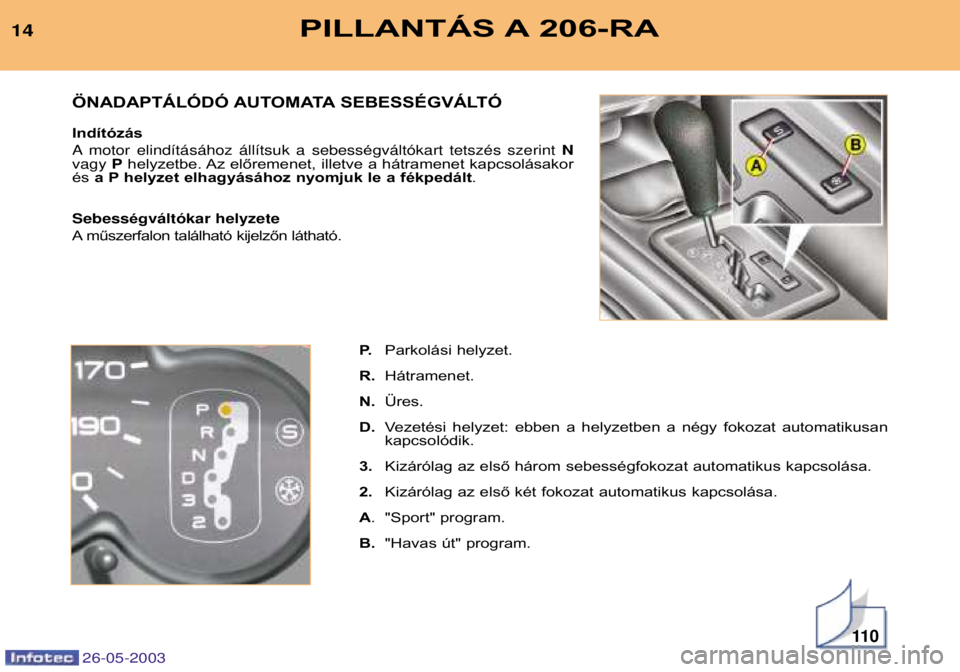 PEUGEOT 206 2003 Kezelési útmutató (in Hungarian) 26-05-2003
11 0
PILLANTÁS A 206-RA14P.Parkolási helyzet.
R. Hátramenet.
N. Üres .
D. Vezetési helyzet: ebben a helyzetben a négy fokozat automatikusan kapcsolódik.
3. Kizárólag az els PEUGEOT 206 2003 Kezelési útmutató (in Hungarian) 26-05-2003
11 0
PILLANTÁS A 206-RA14P.Parkolási helyzet.
R. Hátramenet.
N. Üres .
D. Vezetési helyzet: ebben a helyzetben a négy fokozat automatikusan kapcsolódik.
3. Kizárólag az els