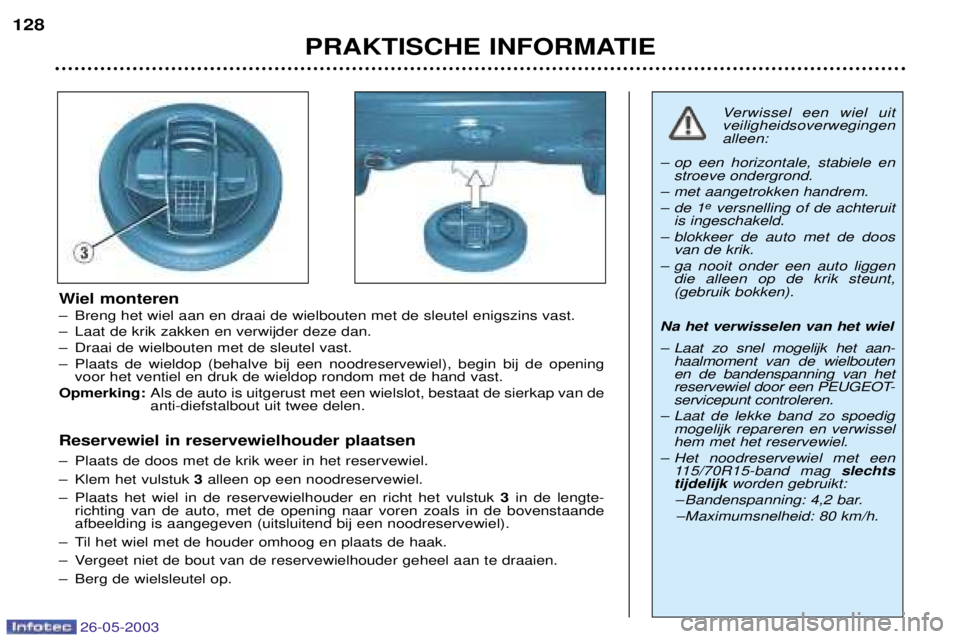 PEUGEOT 206 2003  Instructieboekje (in Dutch) 26-05-2003
PRAKTISCHE INFORMATIE
128
Wiel monteren 
Ð Breng het wiel aan en draai de wielbouten met de sleutel enigszins vast.
Ð Laat de krik zakken en verwijder deze dan.
Ð Draai de wielbouten met